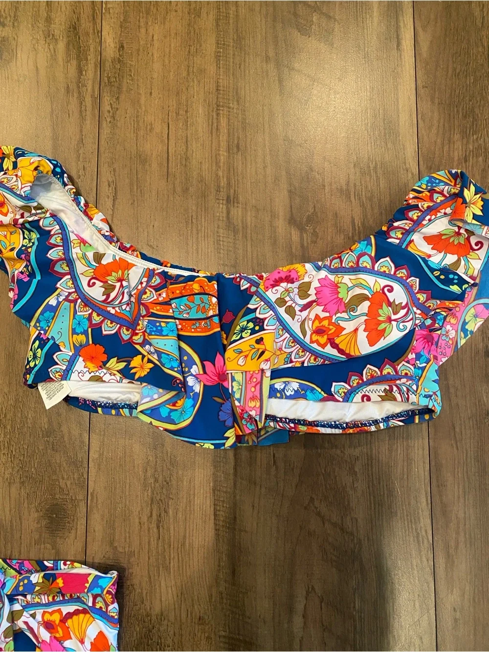 Trina Turk • Blue Paisley Off Shoulder Ruffle Top Bikini Set • Size 6/8